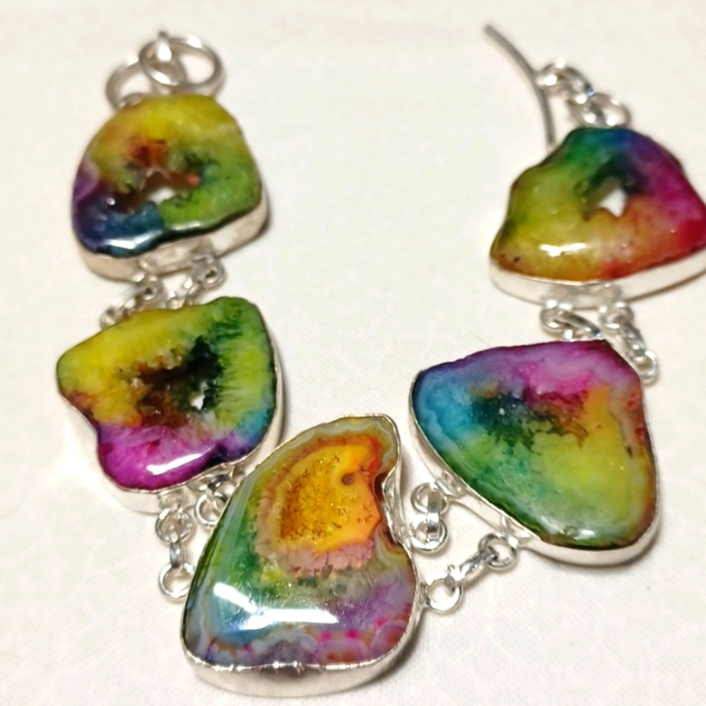 Solar agate bracelet silver rainbow colorful druzy crystal golden yellow purple